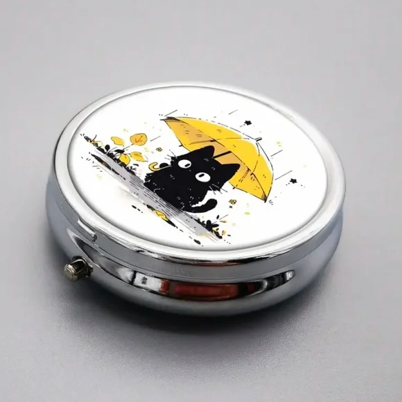 NIB Compact 3-Compartment Metal Pill Case with Black Cat Design - Picture 8 of 13
